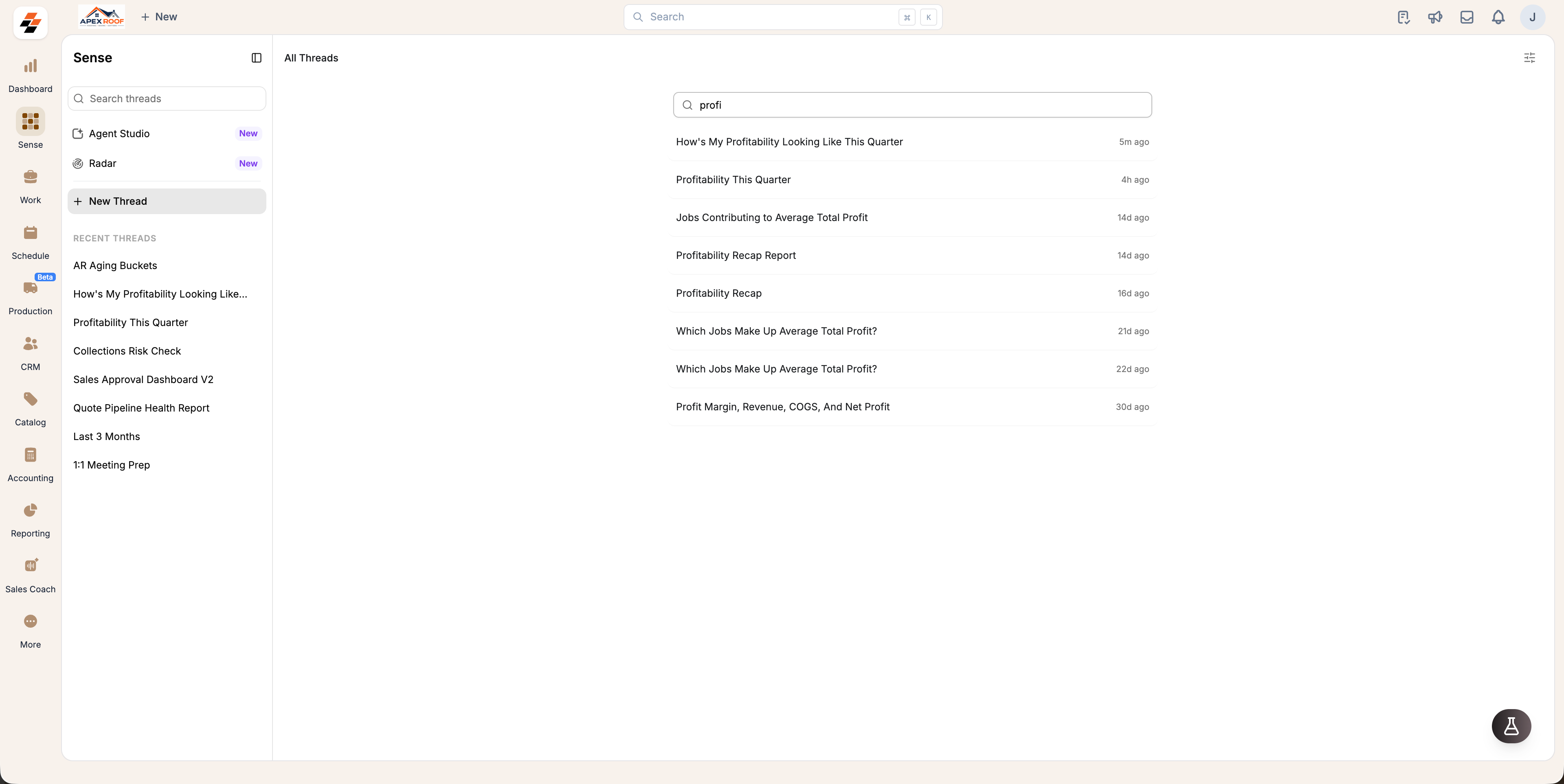 The All Threads page filtered by the search term profi, showing only matching threads