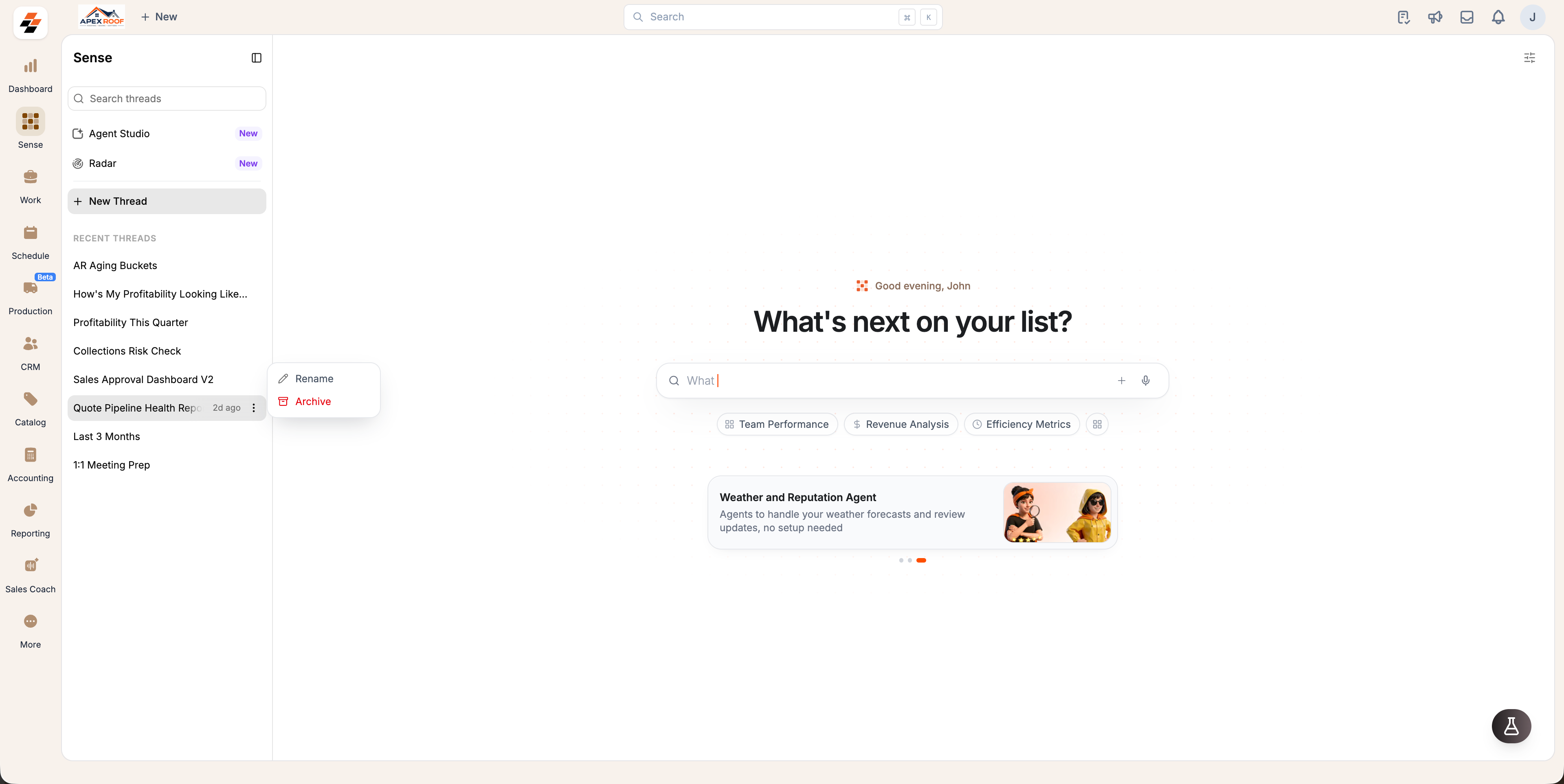The Sense home screen with a thread's three-dot menu open, showing the Rename and Archive options
