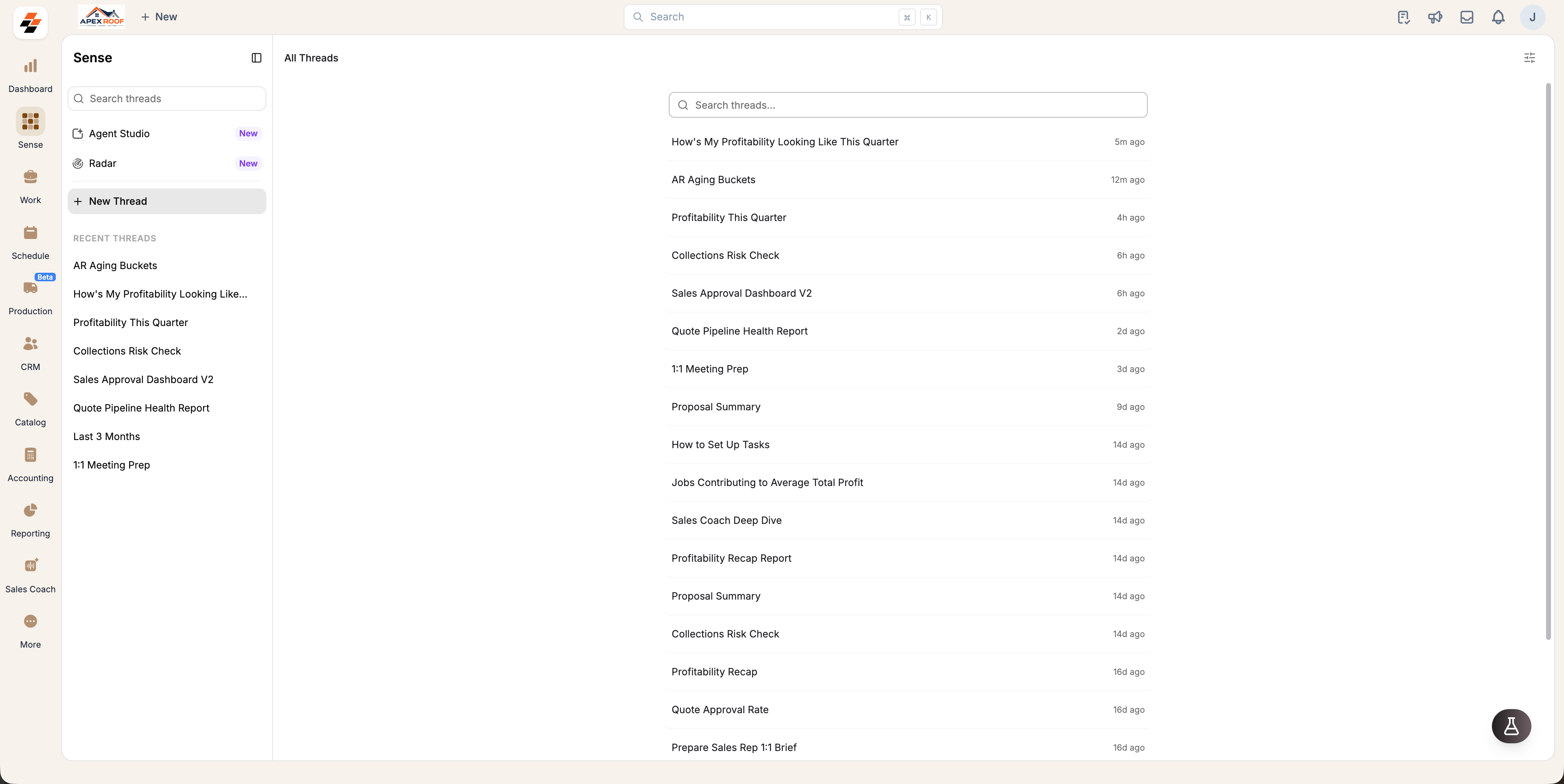 The All Threads page listing every Sense thread with its last-activity time