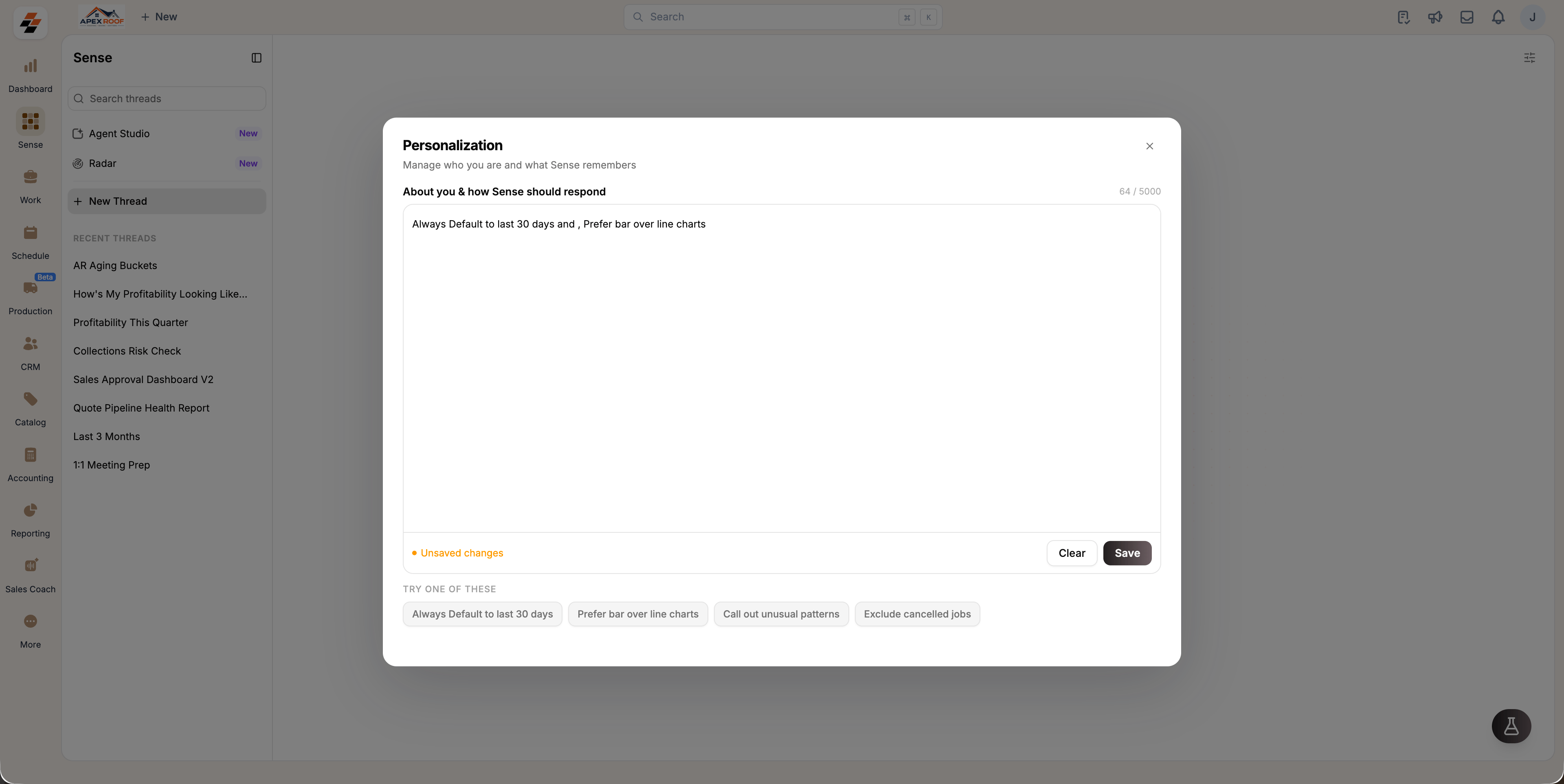 The Personalization dialog with preferences typed into the About you and how Sense should respond box, and suggestion chips below it