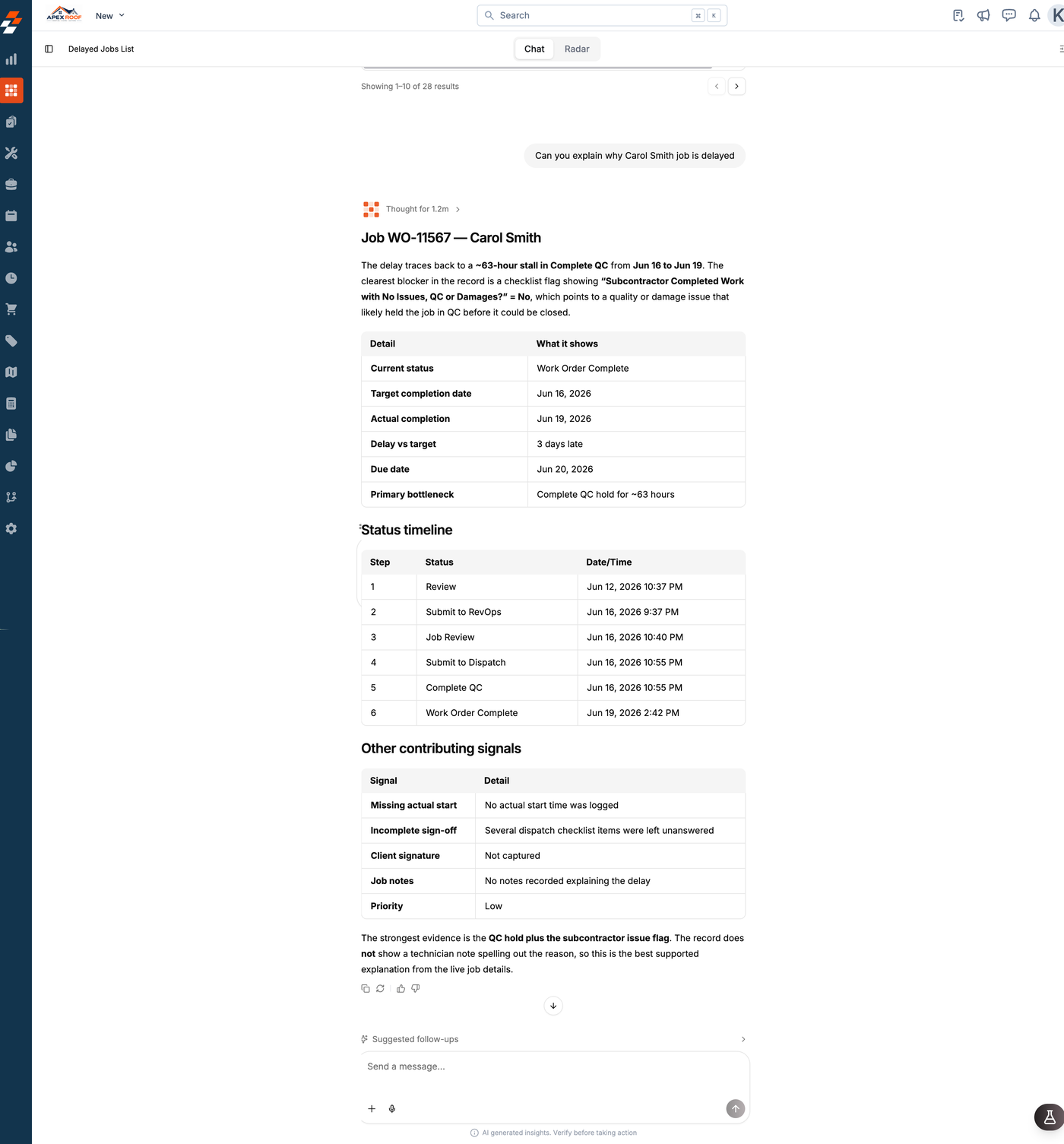 Sense explaining why a job was delayed: a summary naming a 63-hour QC hold, a detail table, a status timeline and a table of other contributing signals