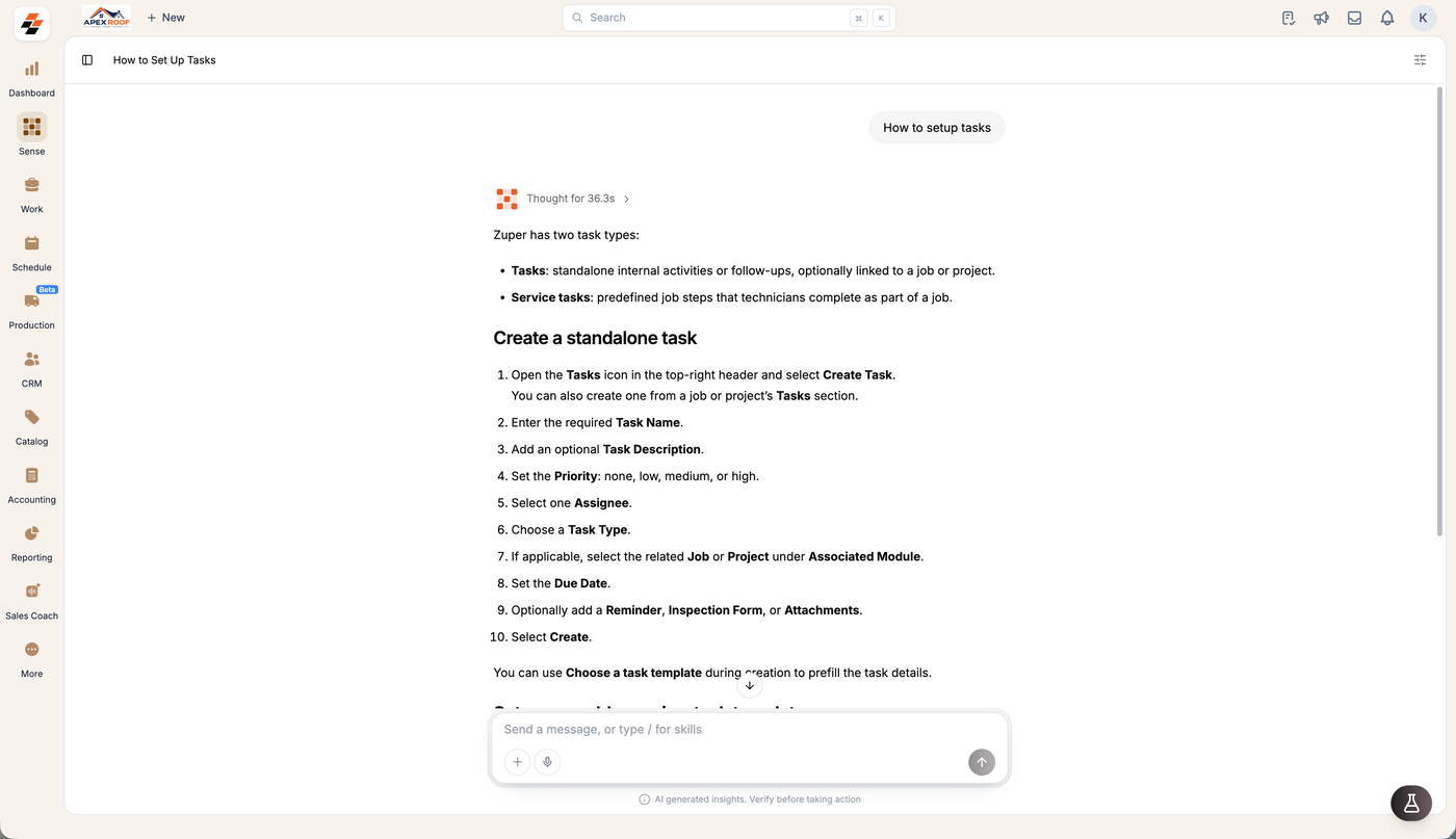 Sense answering How to setup tasks with an explanation of the two task types and a numbered procedure for creating a standalone task