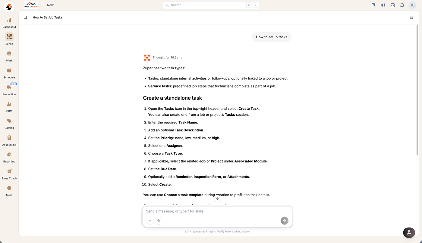 Sense answering How to setup tasks with an explanation of the two task types and a numbered procedure for creating a standalone task
