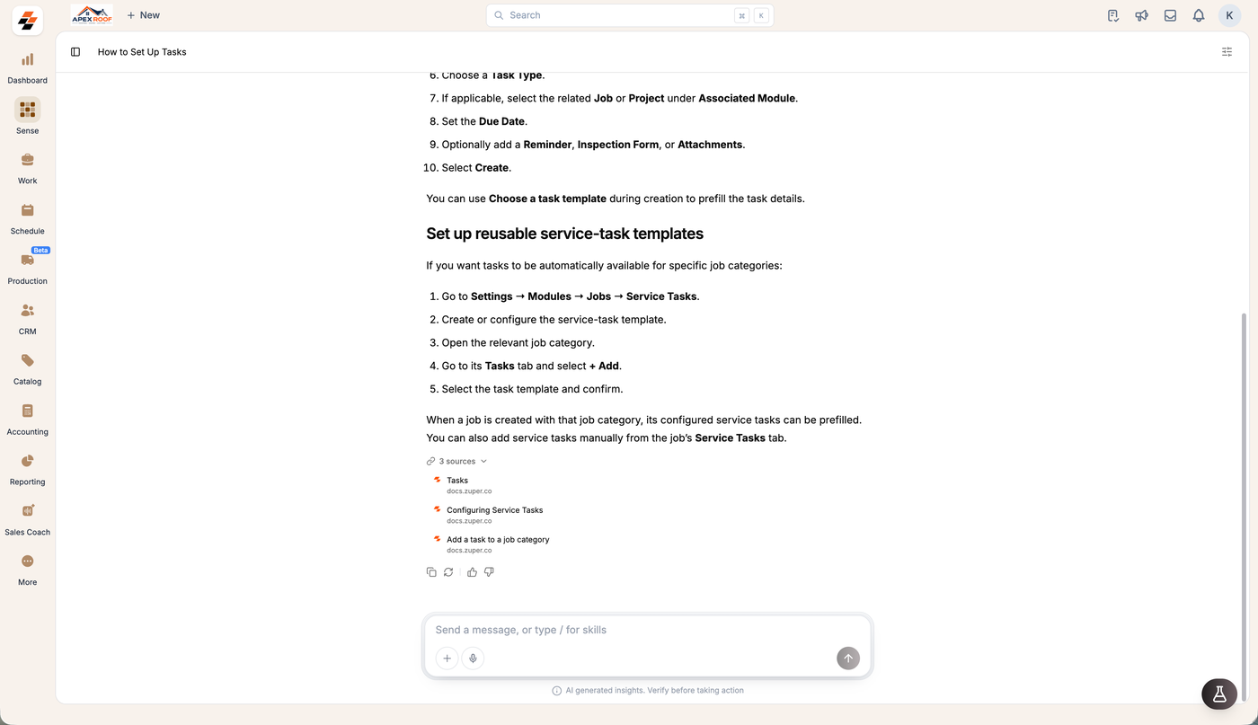 The end of a Sense how-to answer with the 3 sources list expanded, showing three docs.zuper.co articles