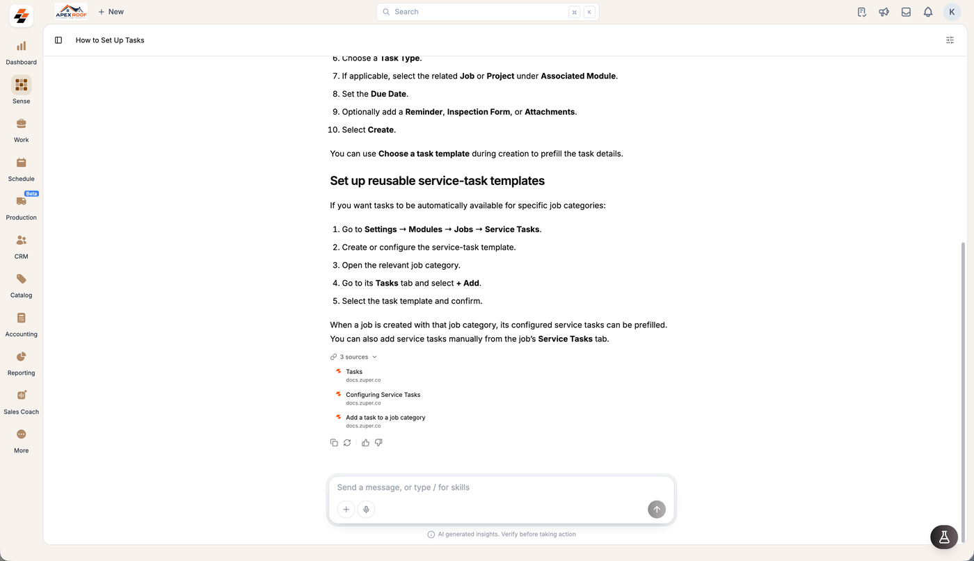 The end of a Sense how-to answer with the 3 sources list expanded, showing three docs.zuper.co articles