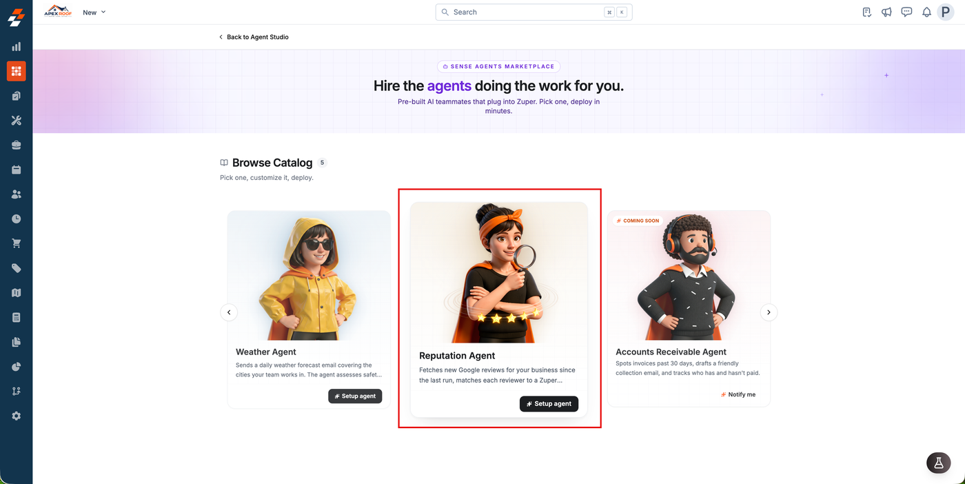 The Sense Agents Marketplace catalog with the Reputation Agent card highlighted, next to the Accounts Receivable Agent marked Coming Soon