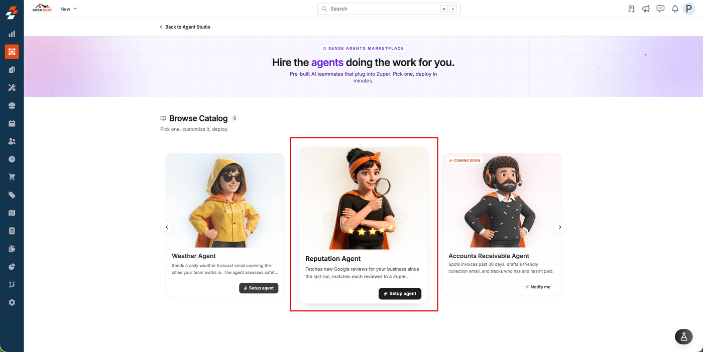 The Sense Agents Marketplace catalog with the Reputation Agent card highlighted, next to the Accounts Receivable Agent marked Coming Soon