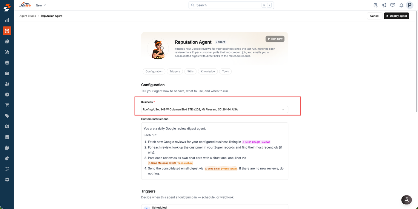 The Reputation Agent configuration with a Google business listing selected in the Business field and the built-in instructions below