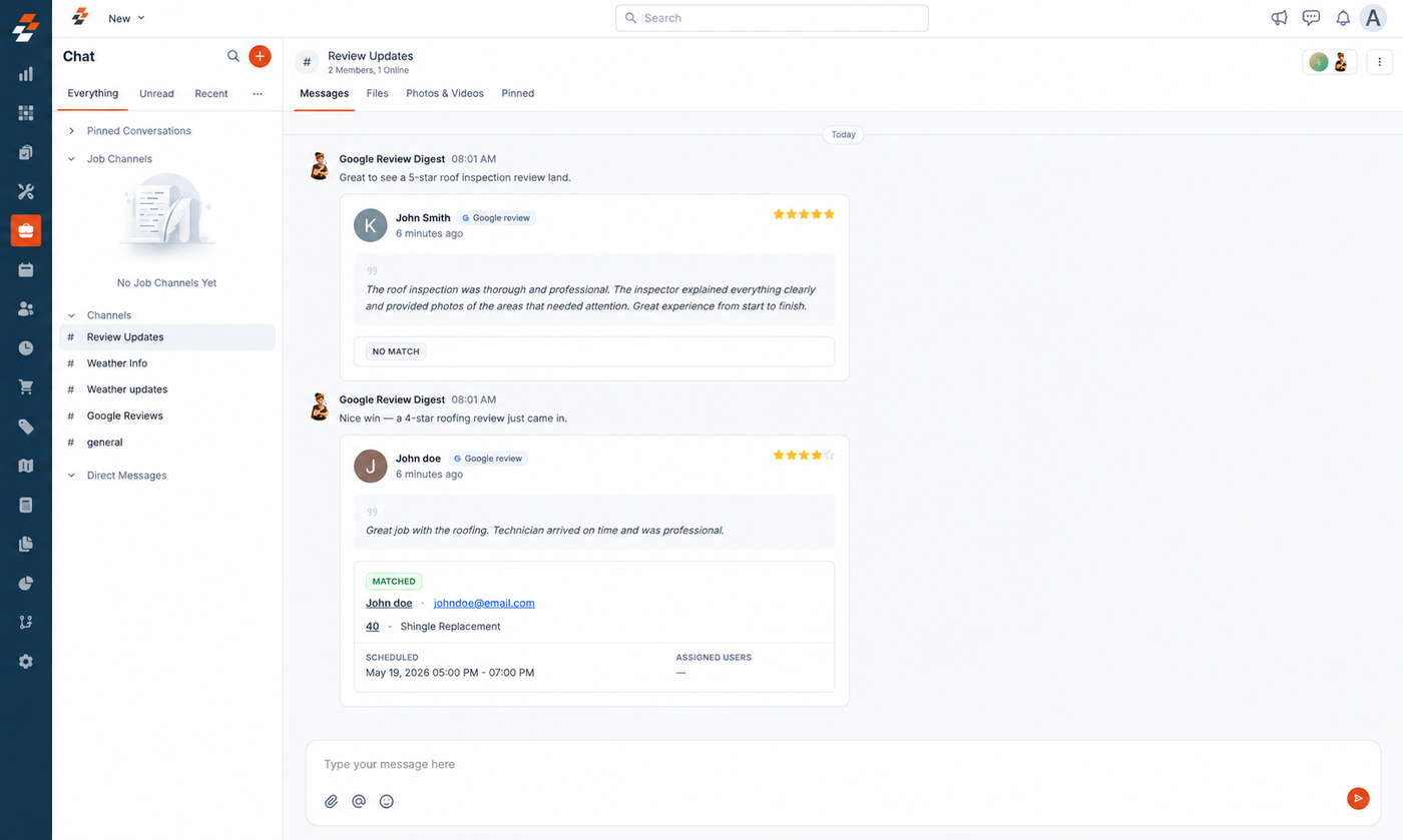 Two reviews posted to a Zuper Chat channel, one flagged NO MATCH and one flagged MATCHED with the linked customer, job and schedule