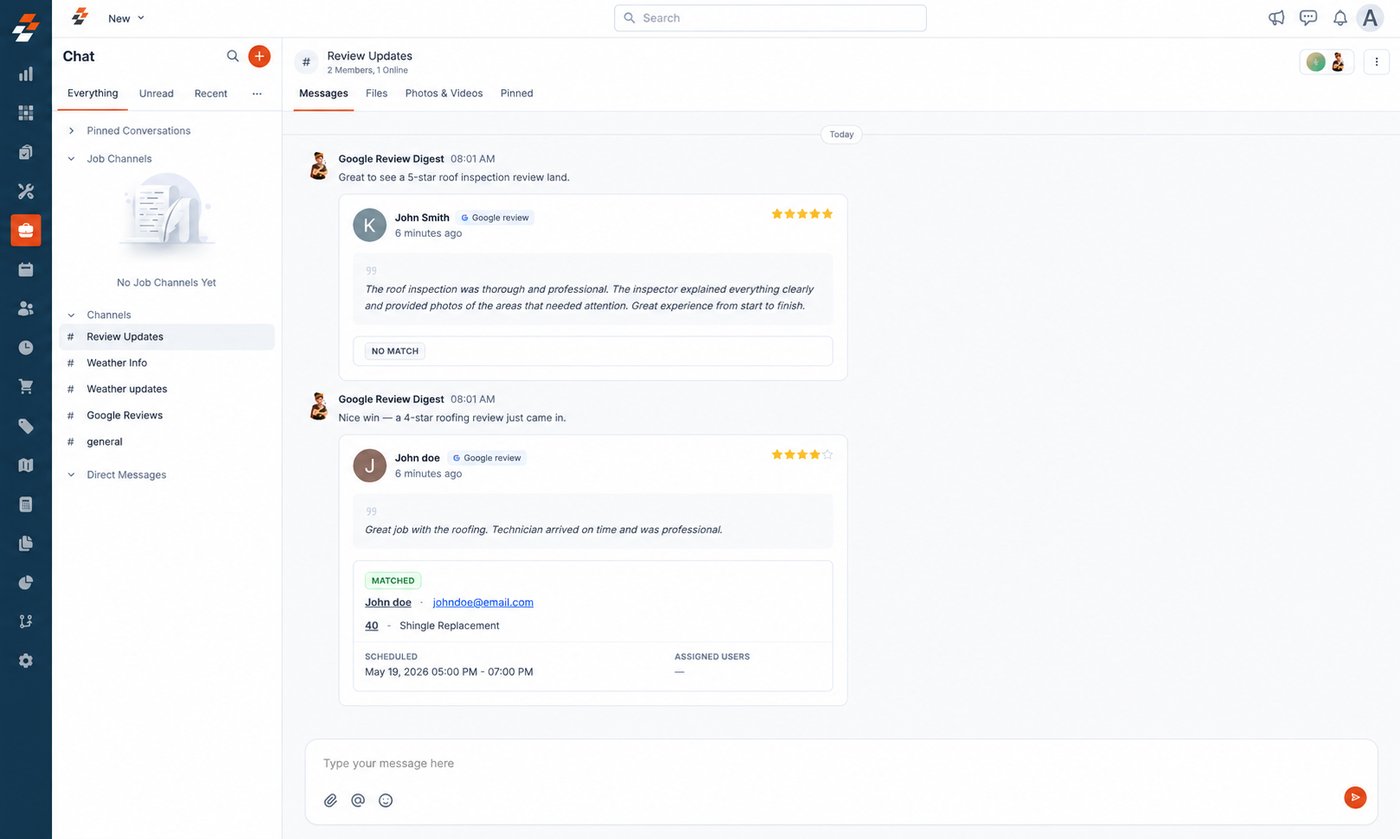 Two reviews posted to a Zuper Chat channel, one flagged NO MATCH and one flagged MATCHED with the linked customer, job and schedule