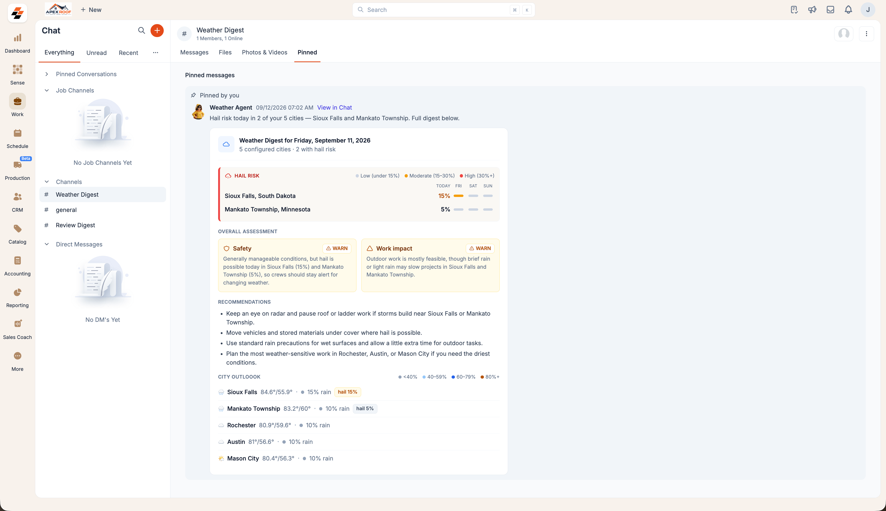 A Weather Digest posted to a Zuper Chat channel, with a hail risk table, safety and work impact assessments, recommendations and a city outlook