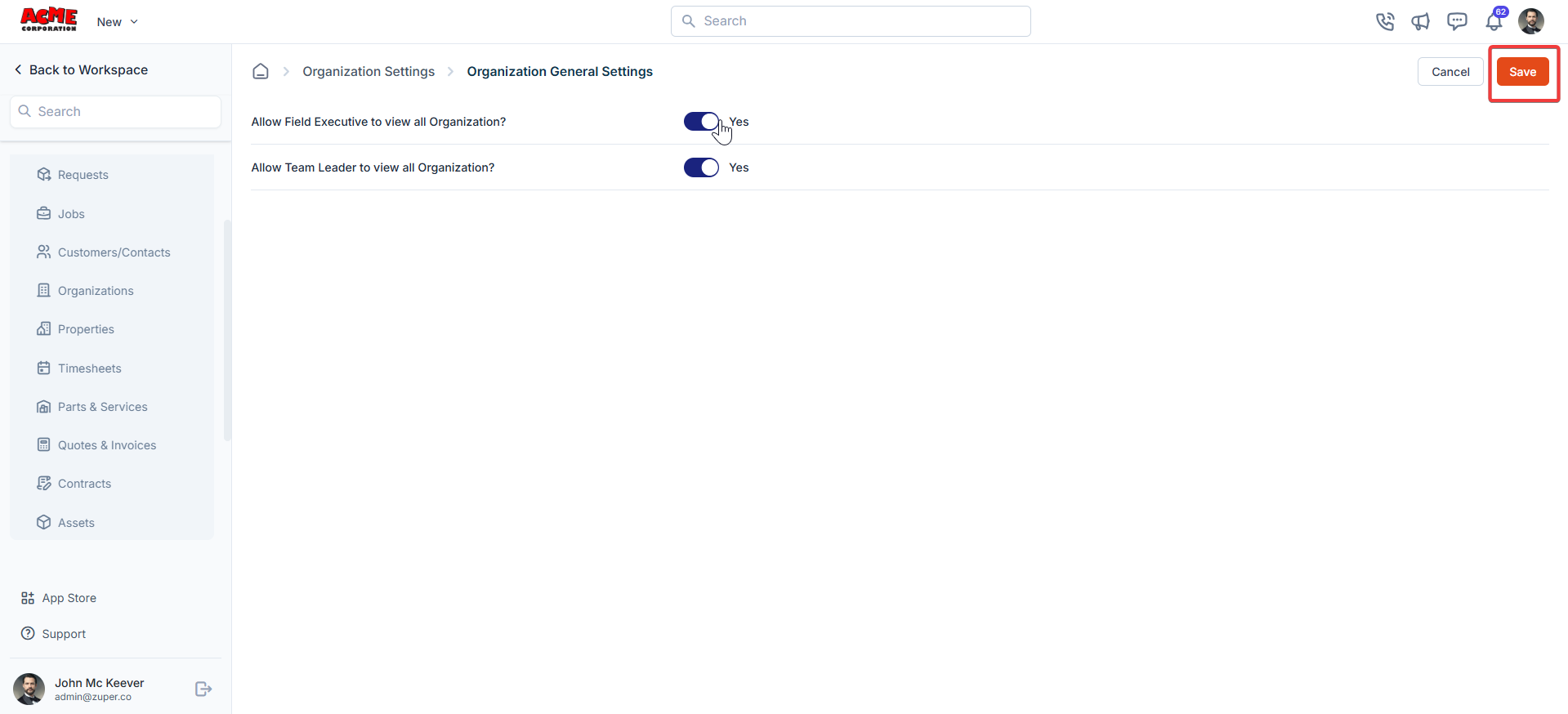 Configuring organization settings - Zuper