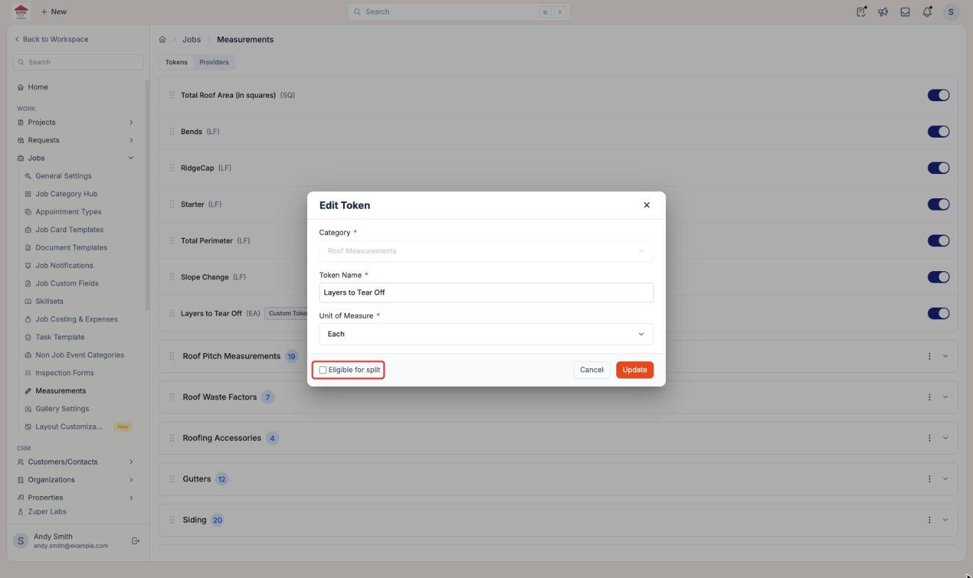 Edit Token window for Layers to Tear Off with Eligible for split unchecked and highlighted