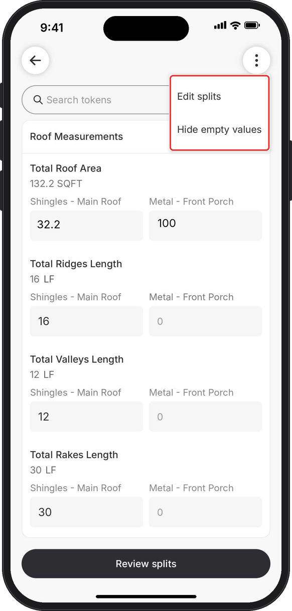 More options menu on the value entry screen with Edit splits and Hide empty values highlighted
