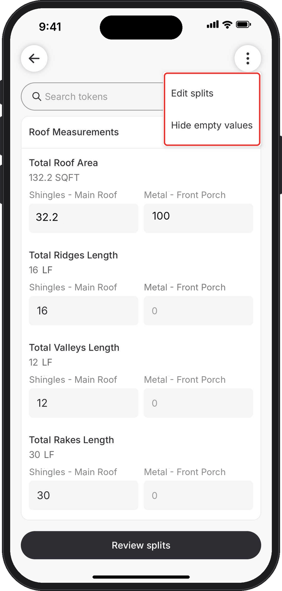More options menu on the value entry screen with Edit splits and Hide empty values highlighted