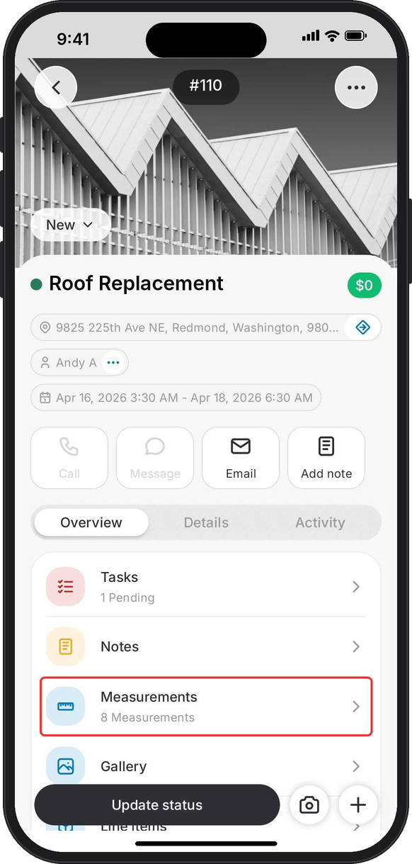 Job overview in the Zuper Field Service app with the Measurements row highlighted