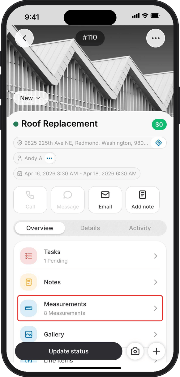 Job overview in the Zuper Field Service app with the Measurements row highlighted