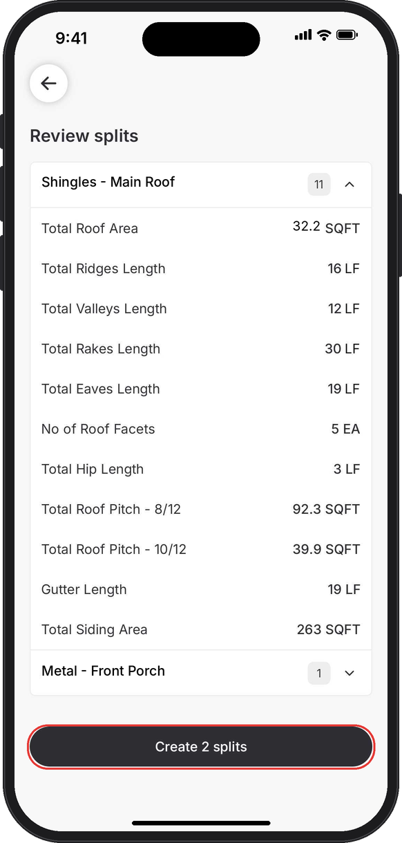 Review splits screen listing the Shingles - Main Roof values with the Create 2 splits button highlighted