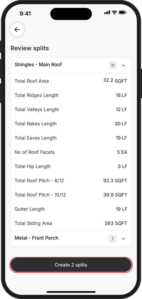 Review splits screen listing the Shingles - Main Roof values with the Create 2 splits button highlighted