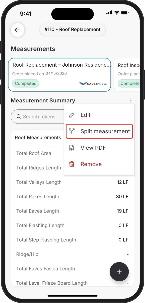 Measurements screen for the Johnson Residence EagleView report with the More options menu open and Split measurement highlighted
