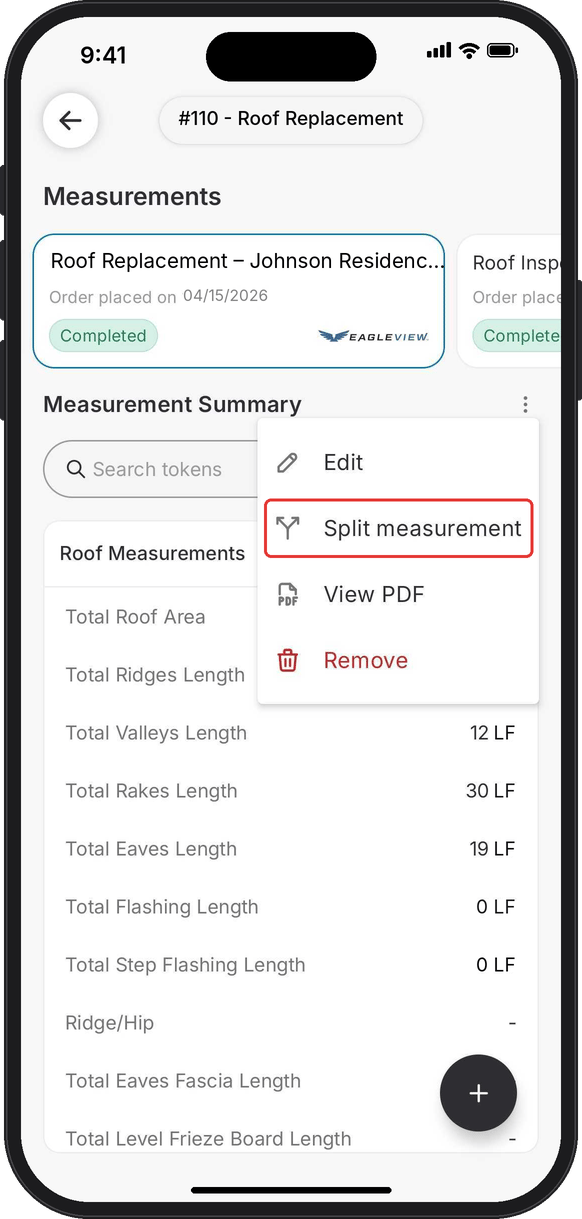 Measurements screen for the Johnson Residence EagleView report with the More options menu open and Split measurement highlighted