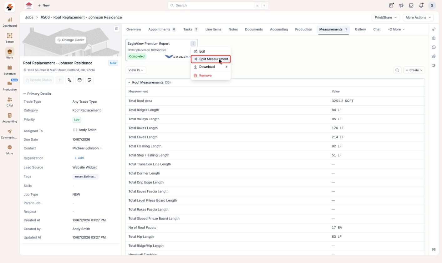 Measurements tab of a roof replacement job with the EagleView report card's More options menu open and Split Measurement highlighted