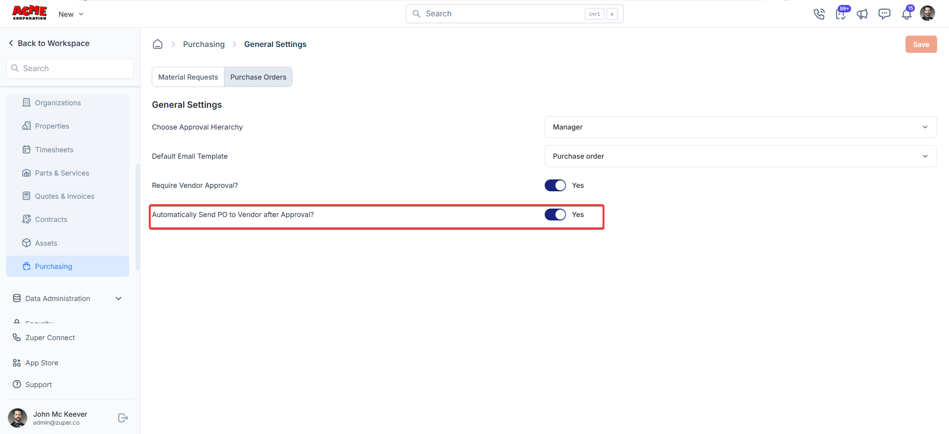 Configuring Purchasing Settings - Zuper