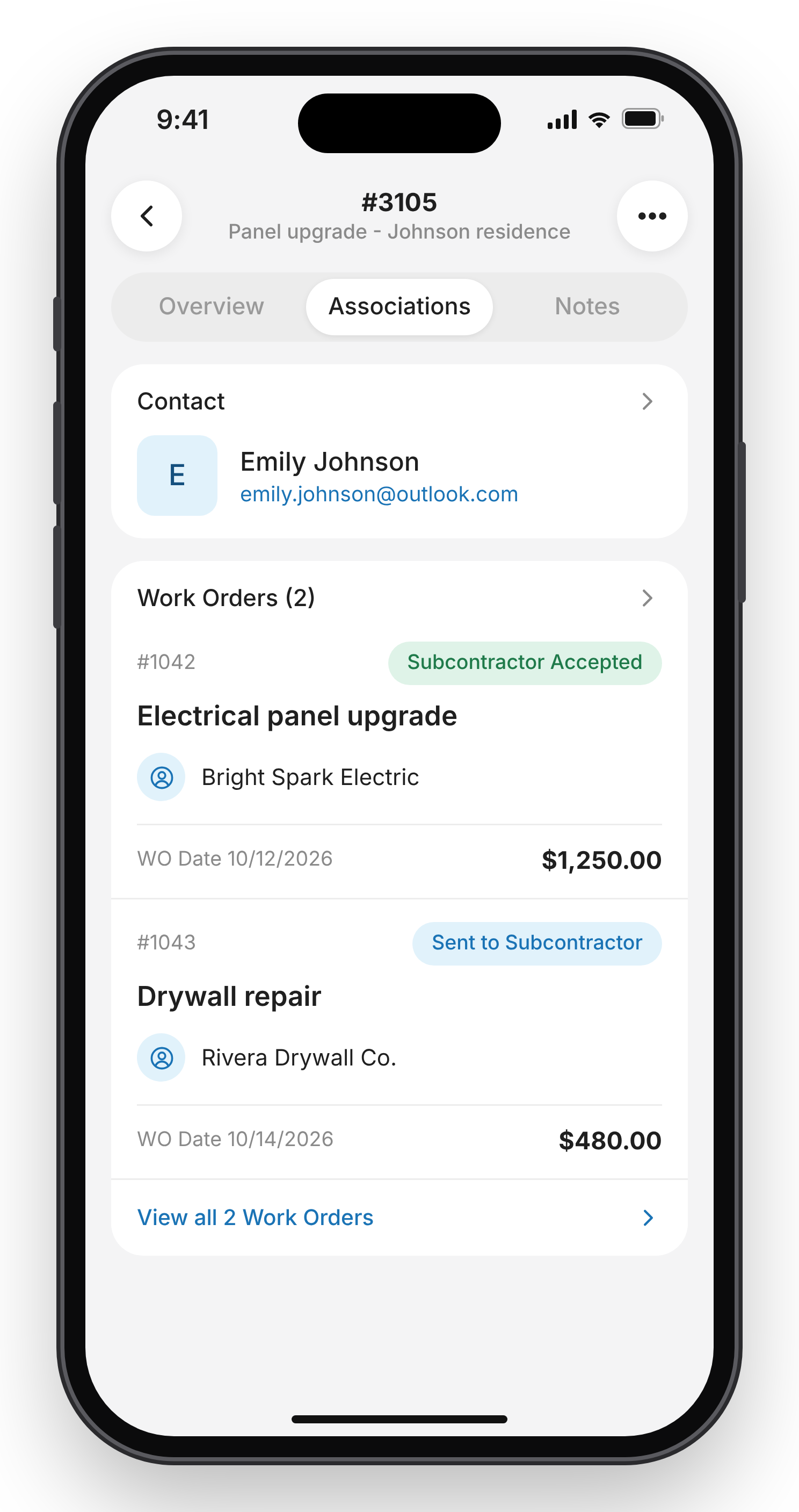 Associations tab of a quote in the Zuper Field Service app, showing the Work Orders section with two work orders and the View all Work Orders link