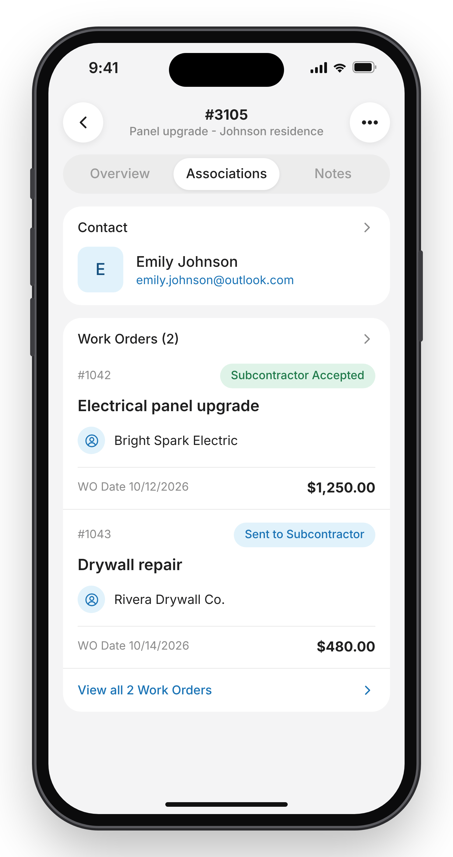 Work Orders section on a quote Associations tab of a quote in the Zuper Field Service app, showing the Work Orders section with two work orders and the View all Work Orders link