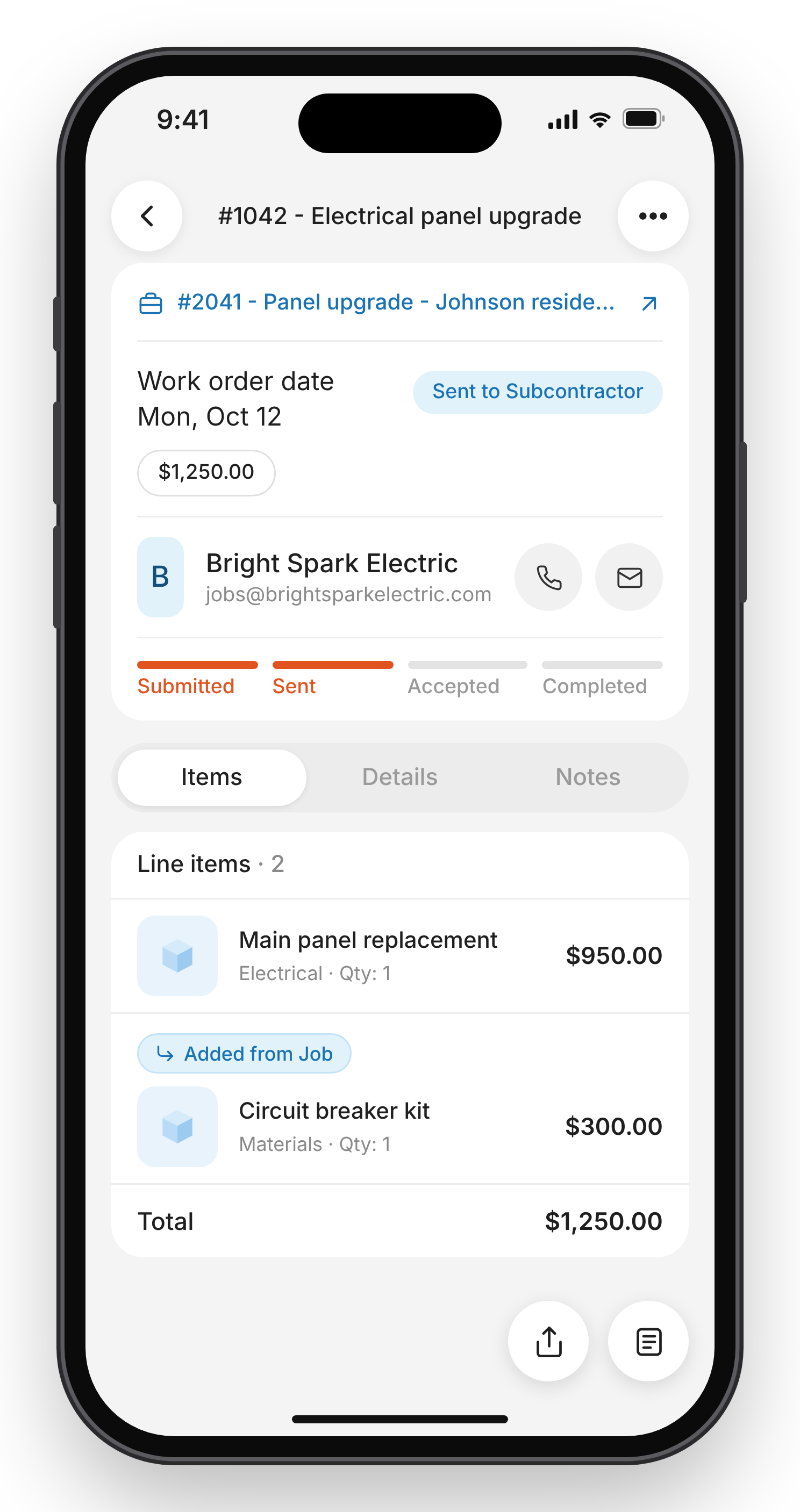 Work order screen showing the linked job, work order date, status, total amount, subcontractor contact buttons, progress tracker, and the Items, Details, and Notes tabs