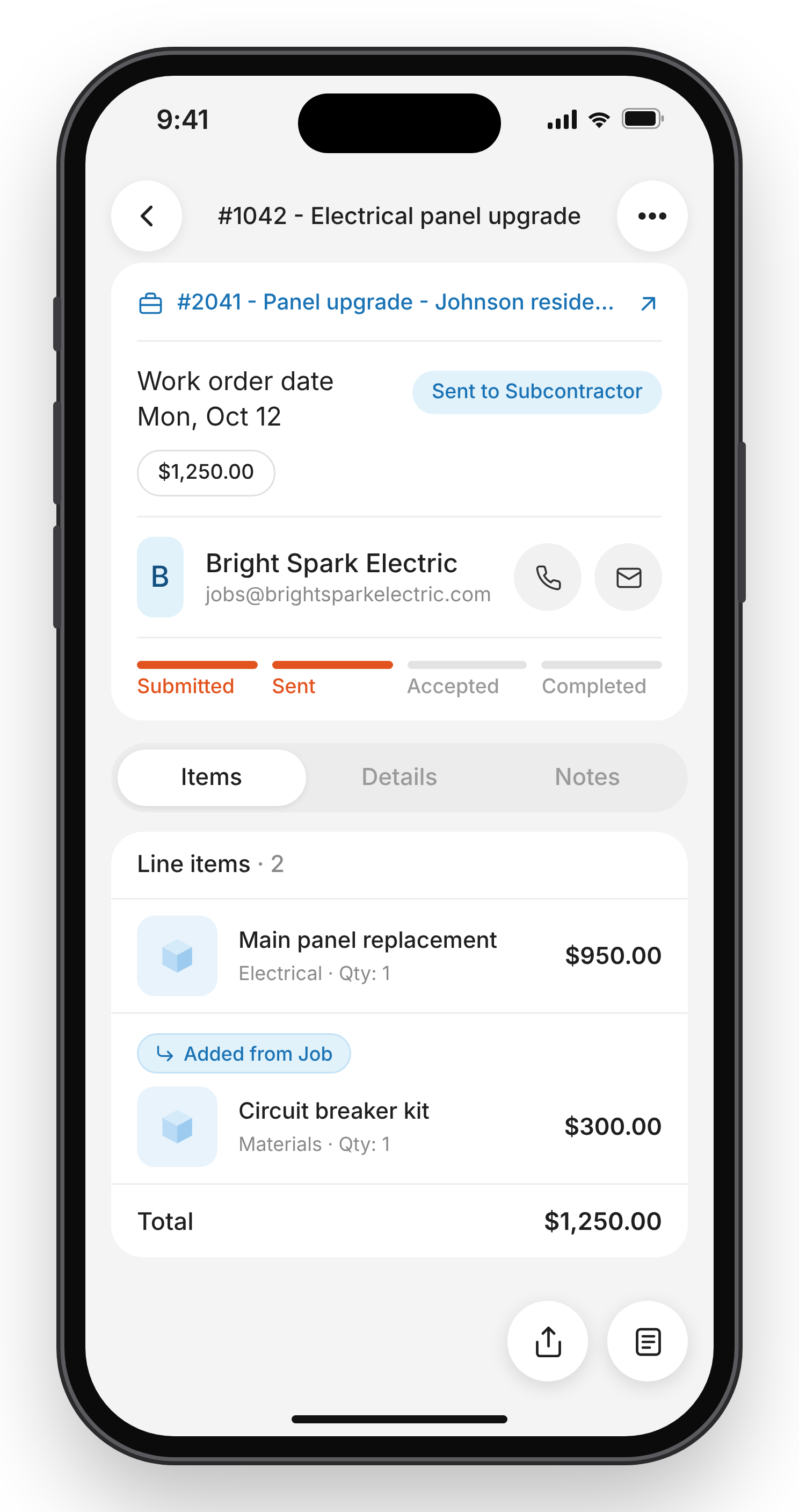 Work order screen Work order screen showing the linked job, work order date, status, total amount, subcontractor contact buttons, progress tracker, and the Items, Details, and Notes tabs