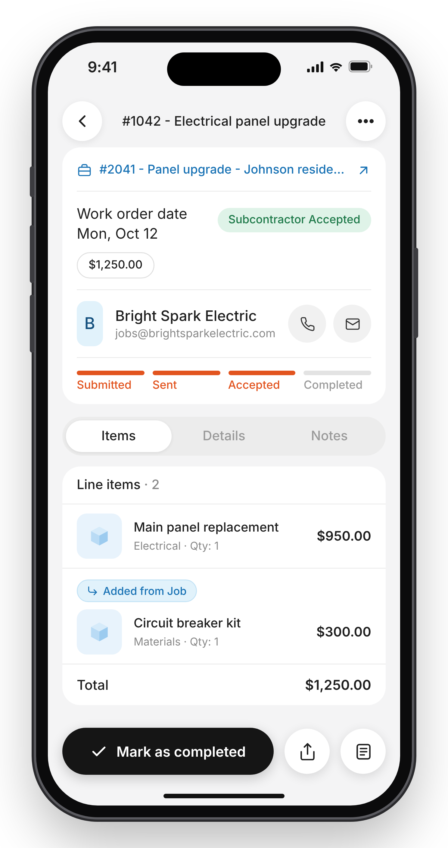 Work order in Subcontractor Accepted status with the Mark as completed button at the bottom of the screen