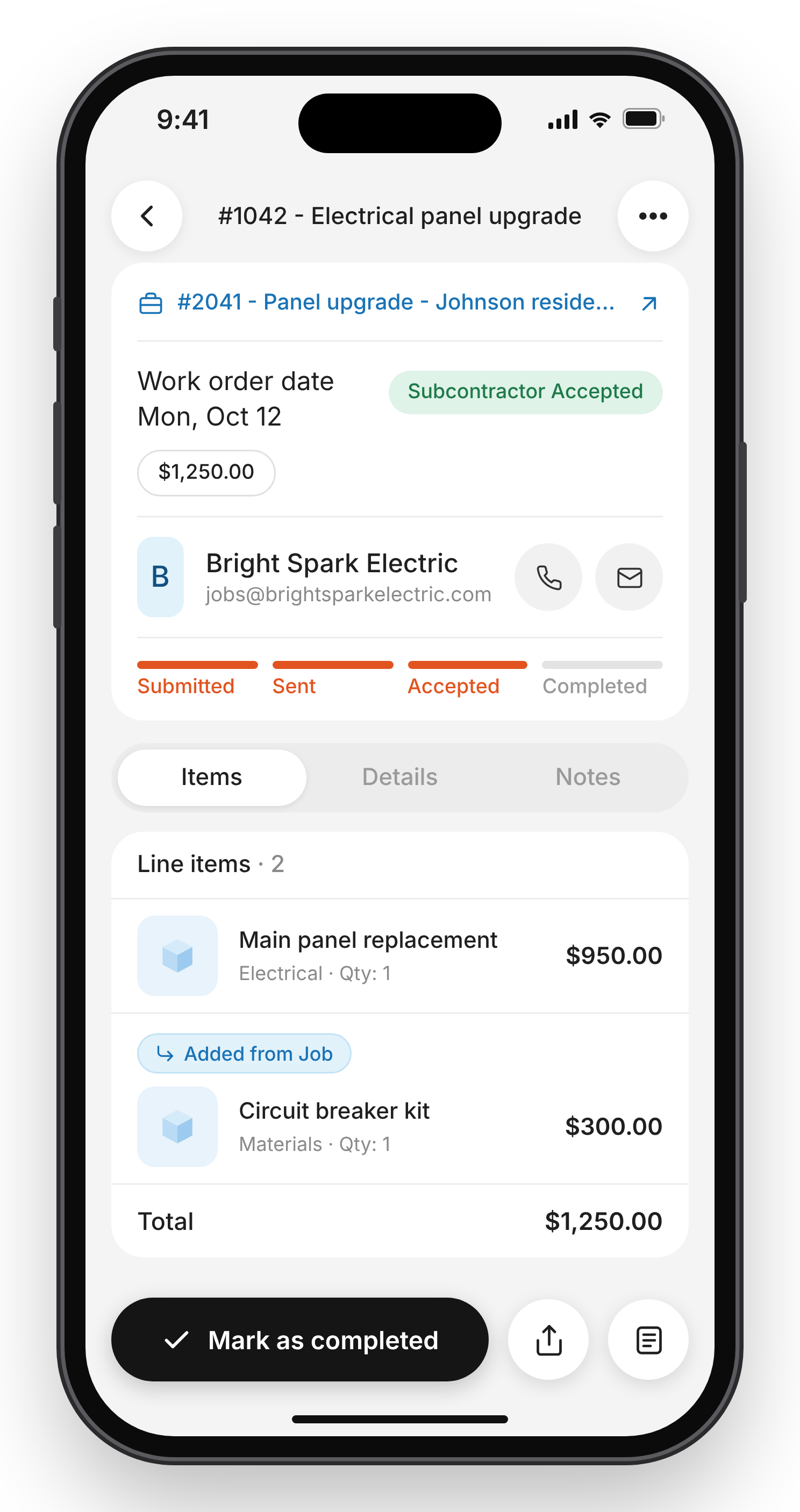 Mark as completed Work order in Subcontractor Accepted status with the Mark as completed button at the bottom of the screen