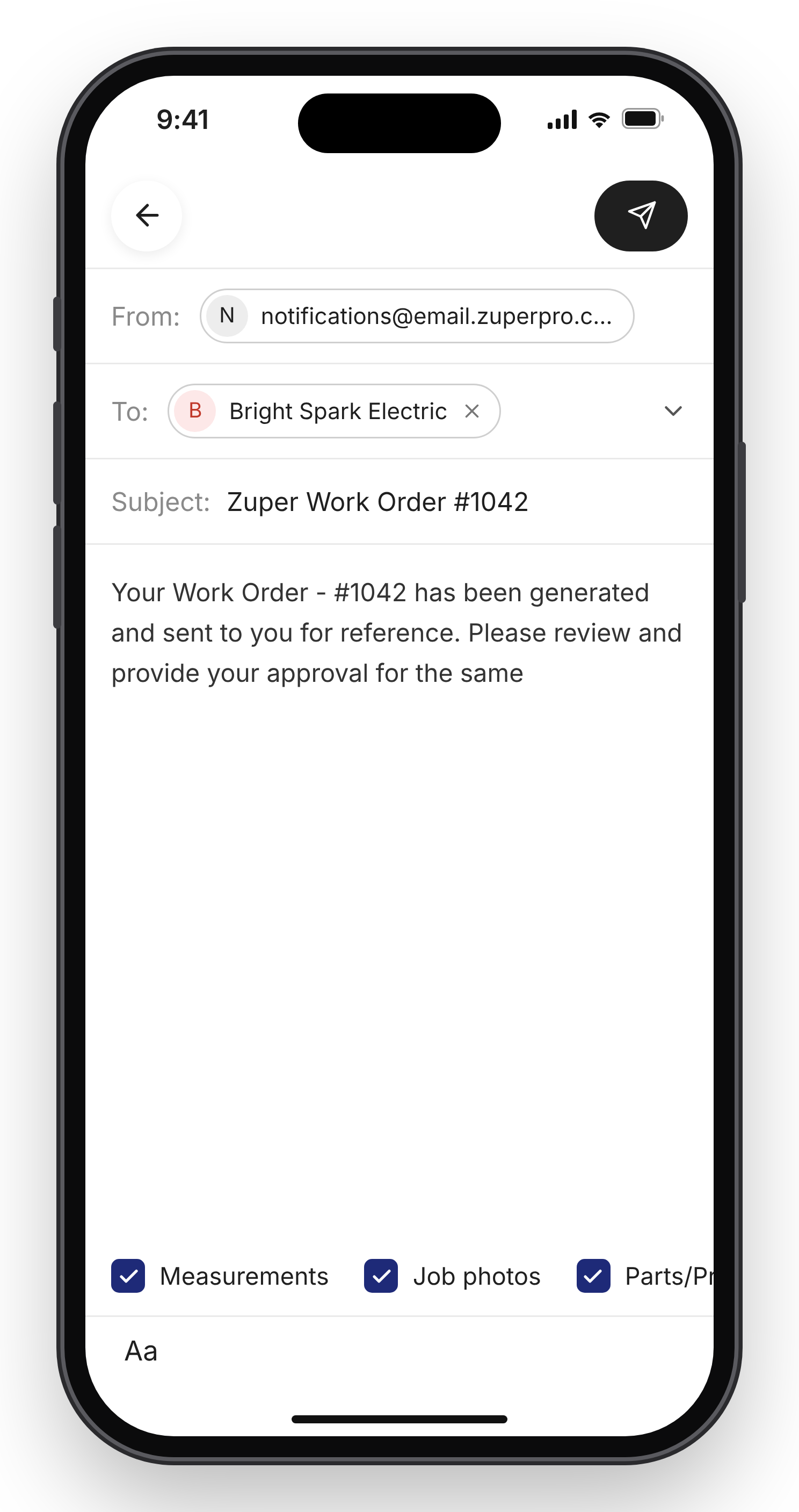 Share via email screen with the To, Subject, and message fields and the Measurements, Job photos, Parts/Products, and Send as PDF options
