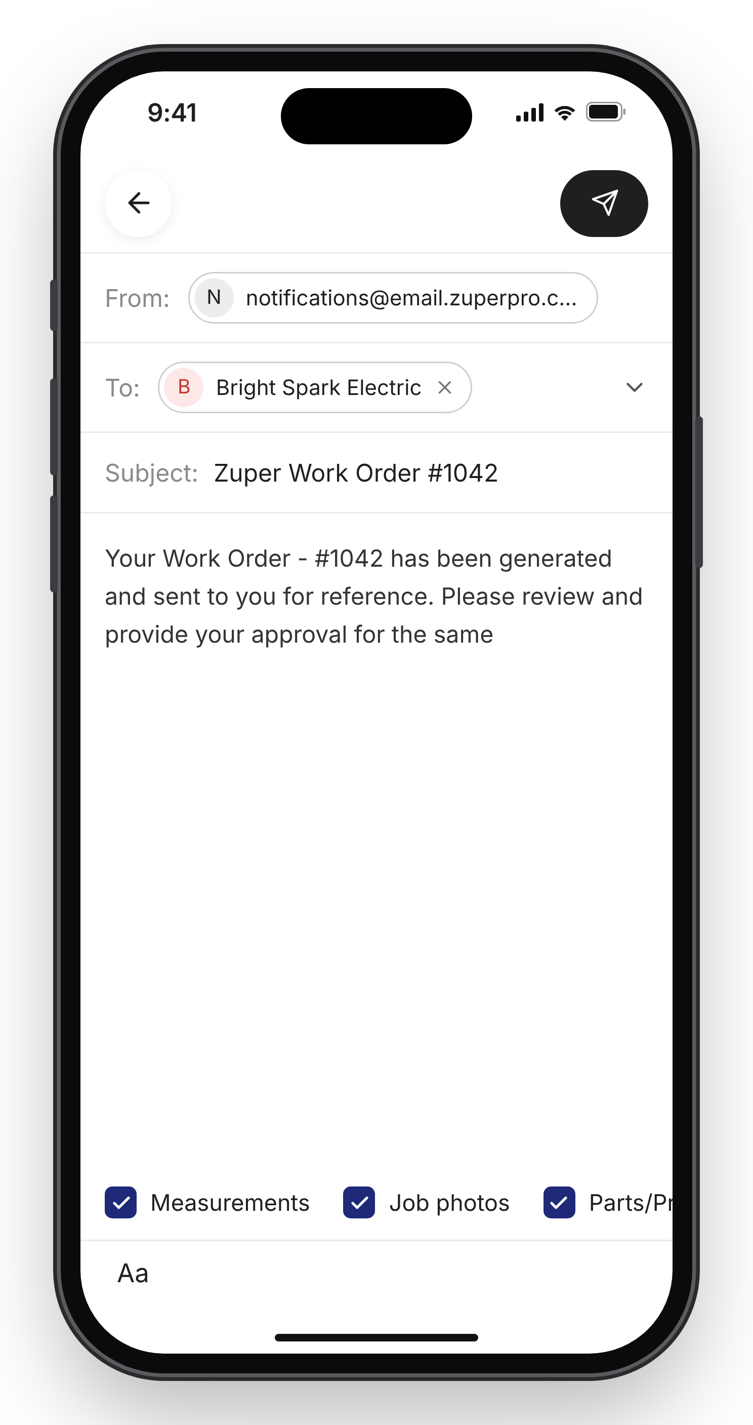 Share via email Share via email screen with the To, Subject, and message fields and the Measurements, Job photos, Parts/Products, and Send as PDF options