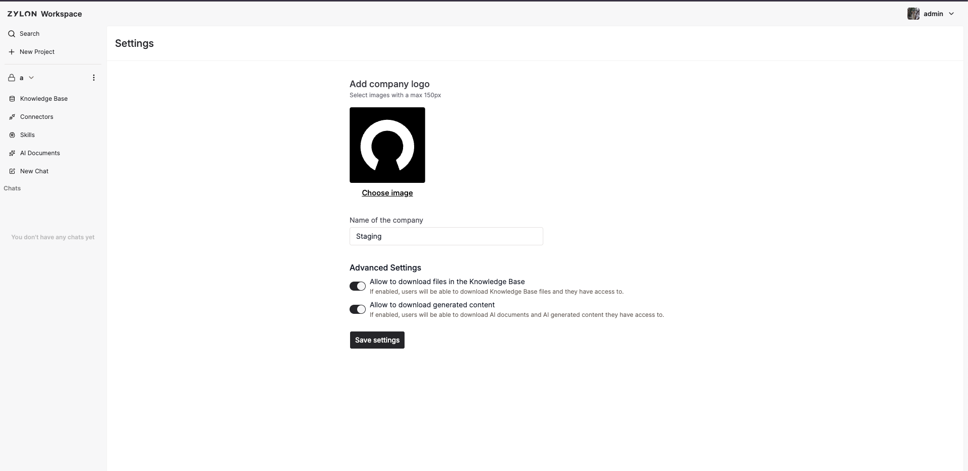 Workspace Settings showing the Advanced Settings download controls.