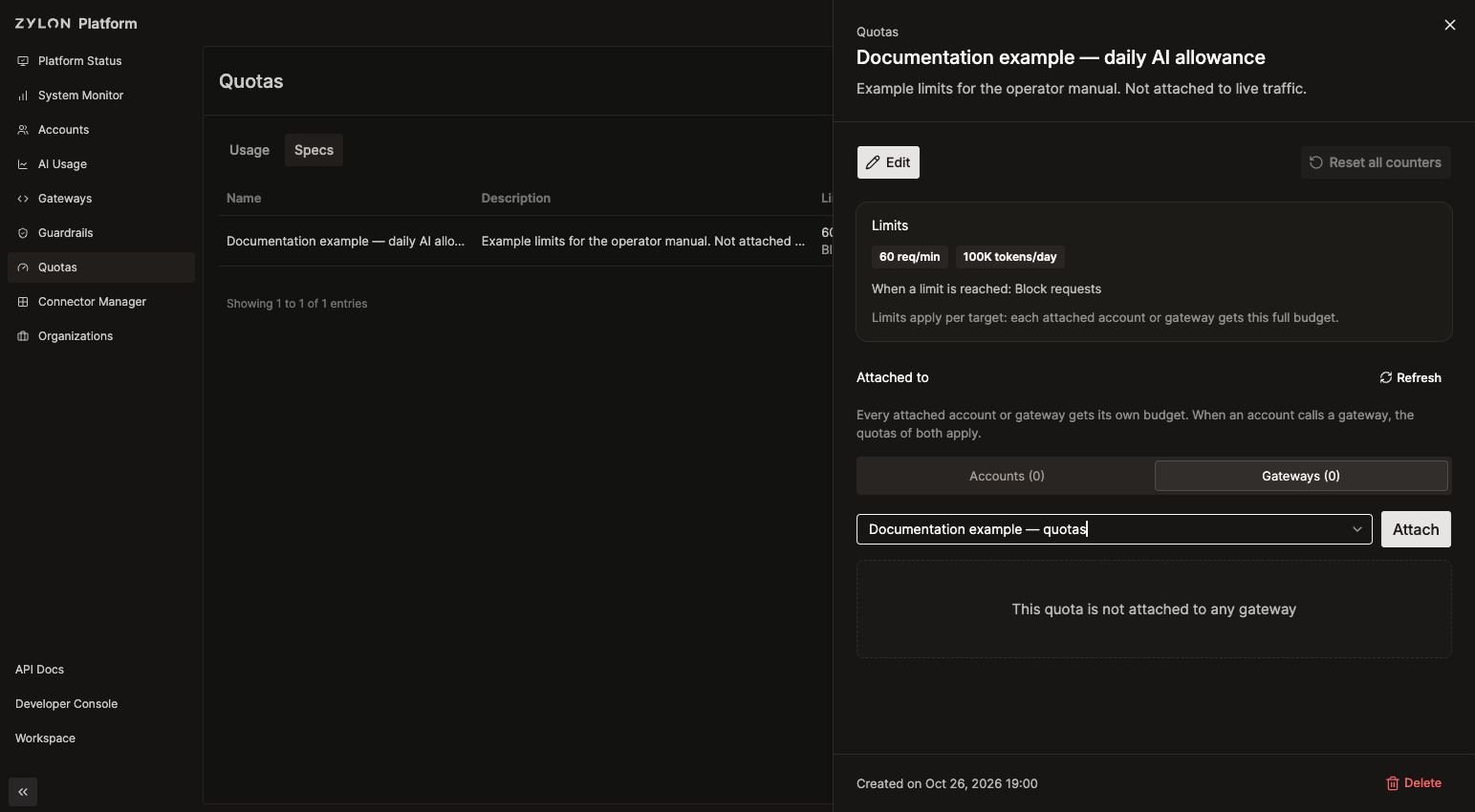 Gateway selected in the quota details panel before clicking Attach