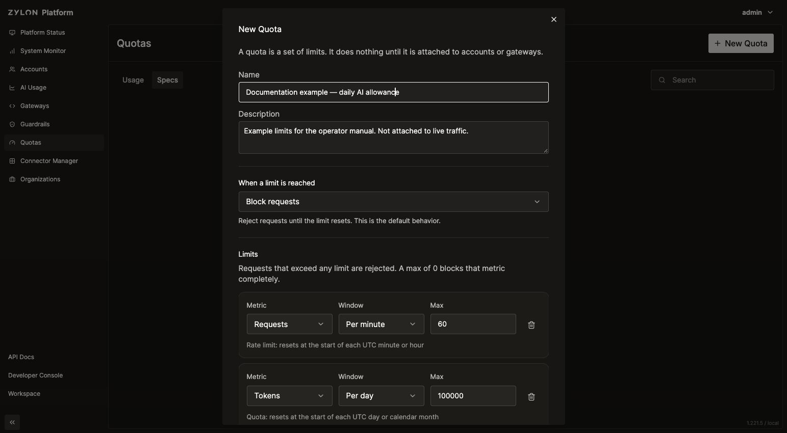 New Quota form with request and token limits entered