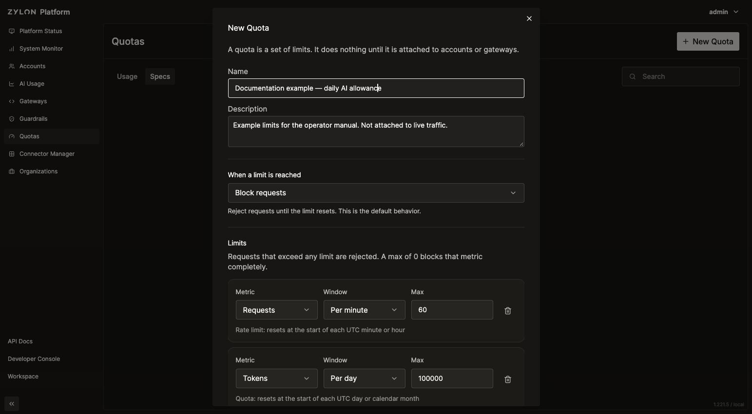 New Quota form with request and token limits entered