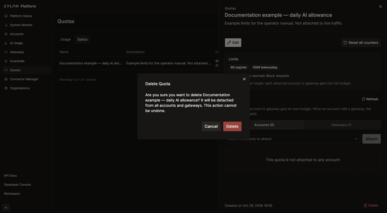 Delete Quota confirmation explaining that all attachments are removed
