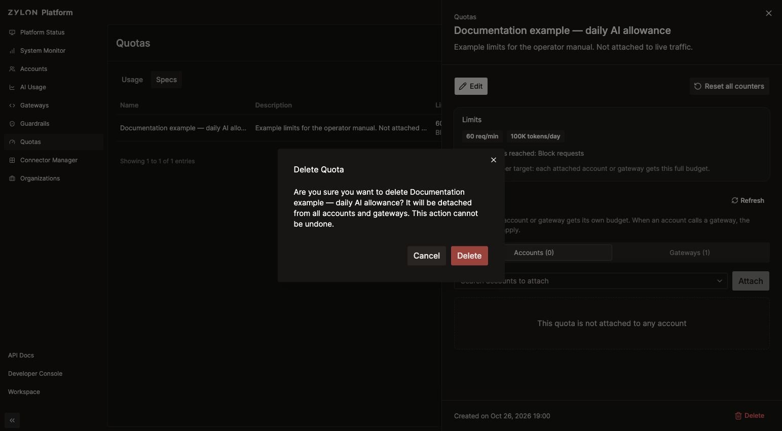 Delete Quota confirmation explaining that all attachments are removed