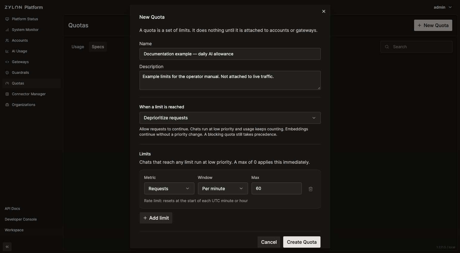 New Quota form showing Deprioritize requests and its explanation