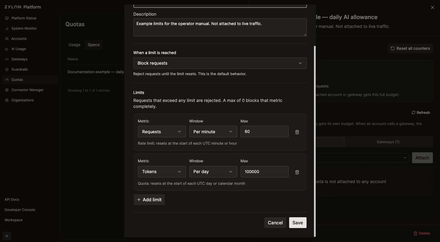 Quota editor showing both limits and the Save button after scrolling down