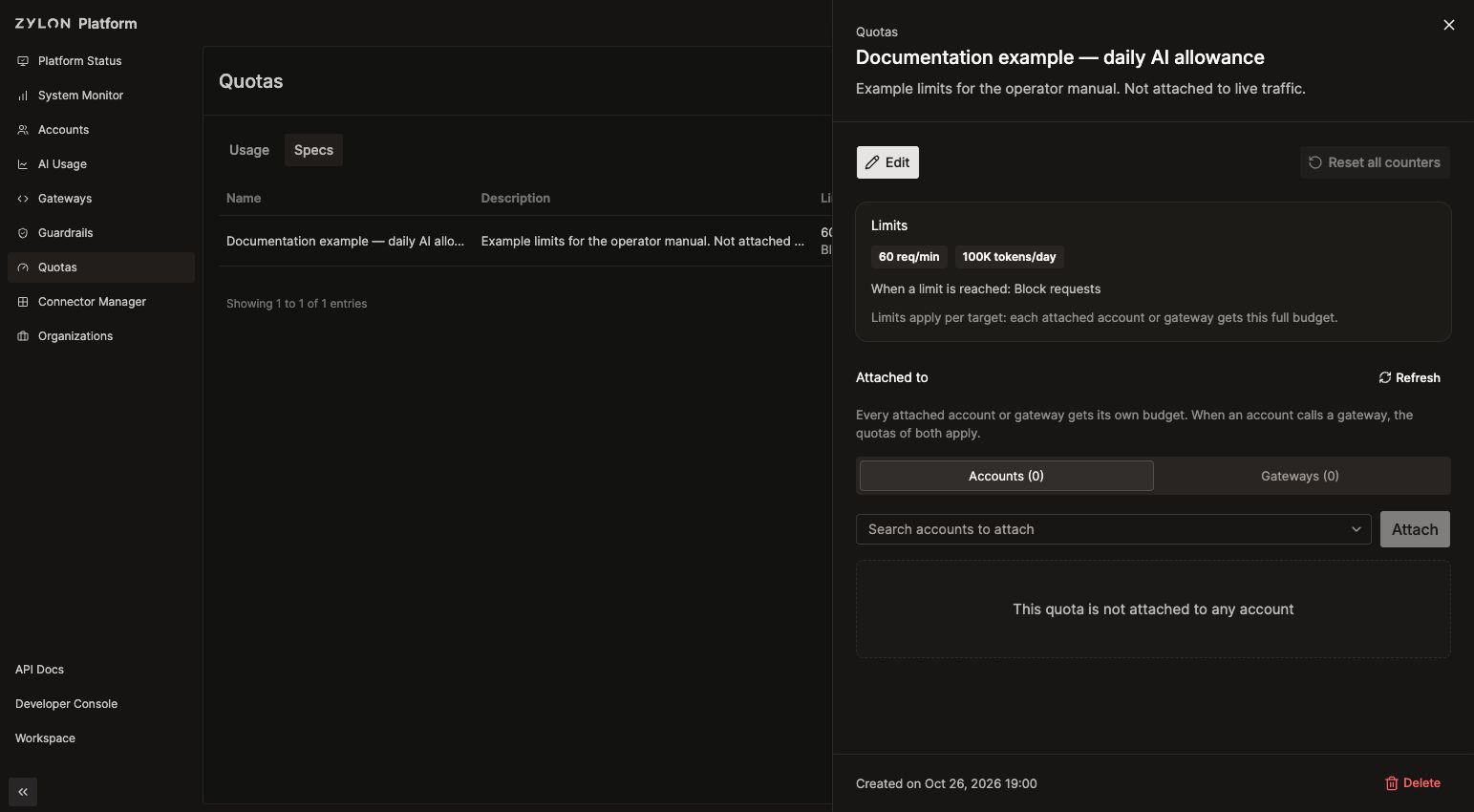 Saved quota details with limits and separate Accounts and Gateways tabs