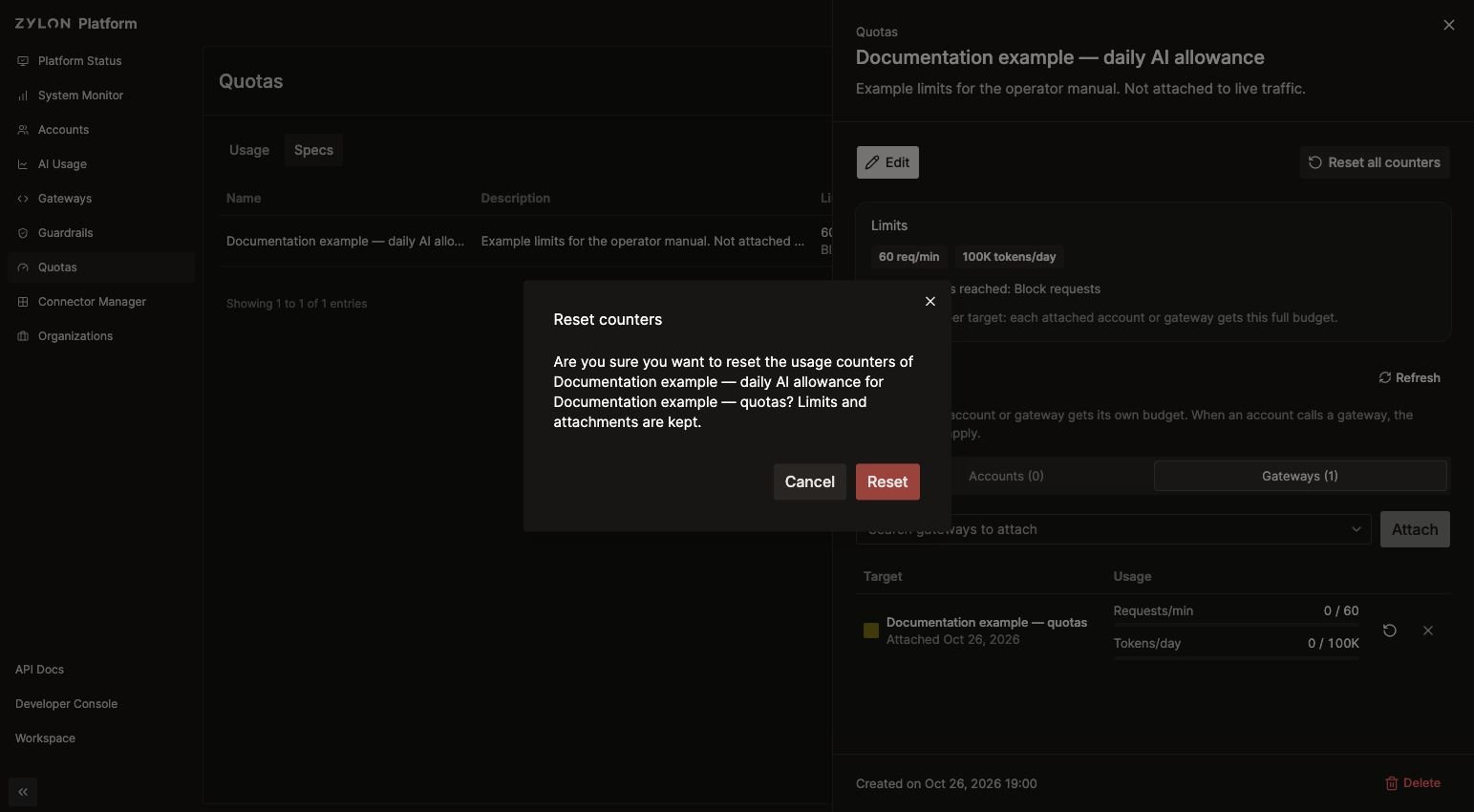 Reset confirmation naming the quota and the single affected gateway