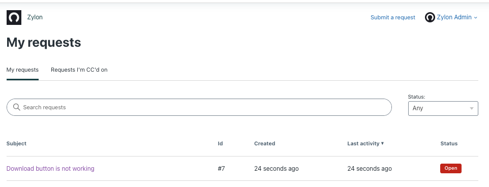 Zendesk My Requests list