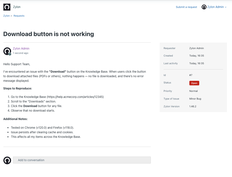 Add to conversation section in Zendesk