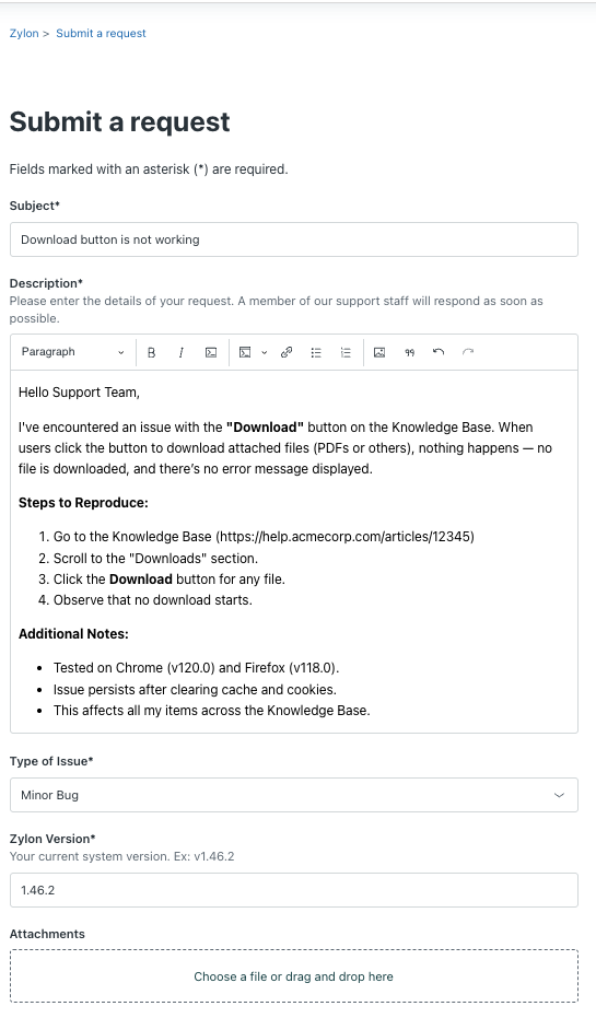 Zendesk request details view.