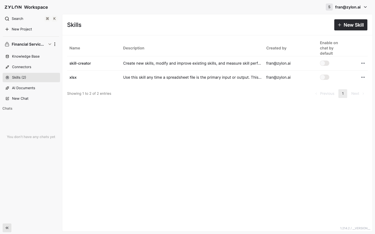 A project's Skills page listing the Skills available to it