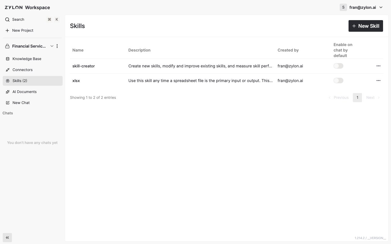 A project's Skills page listing the Skills available to it